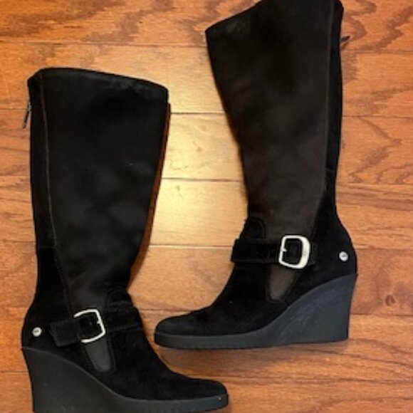 UGG Black Suede Mid-Calf Wedge Boots - Picture 2 of 16